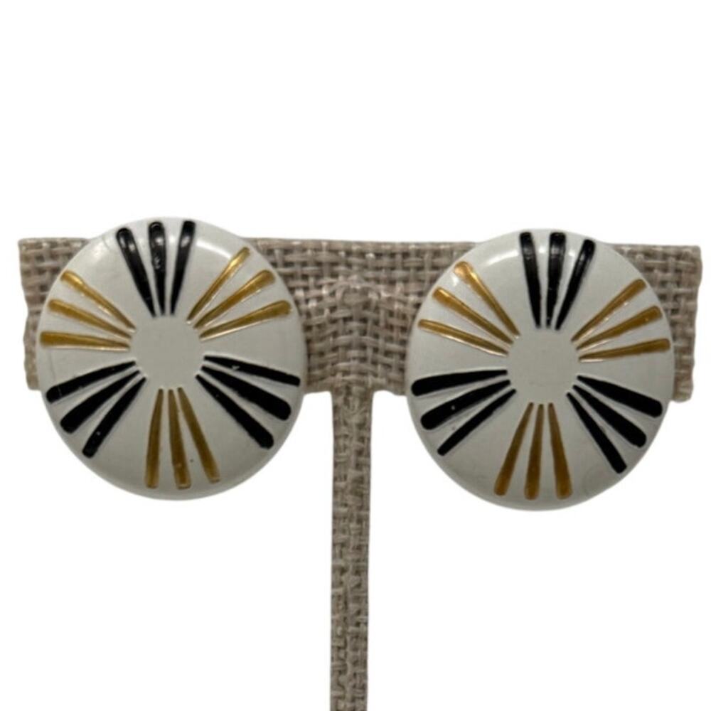 Vintage 60s Mod Clip On Earrings White Gold Black Geometric 1”